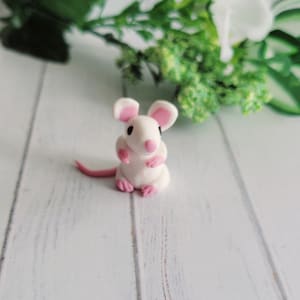 White miniature polymer clay mouse, Tiny collectable mice ornament. Cake topper keepsake