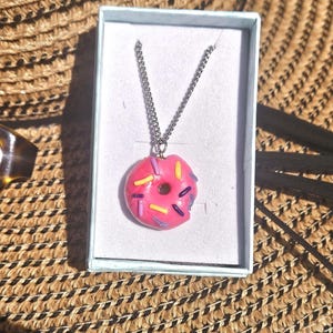 Pink donut necklace, food pendant, novelty birthday gift