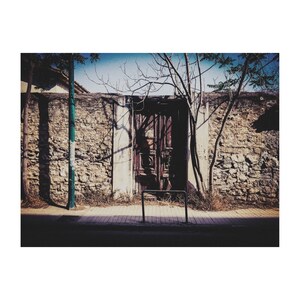 May include: A weathered wooden door with intricate carvings is set into a stone wall. The door is closed and there is a metal gate in front of it.