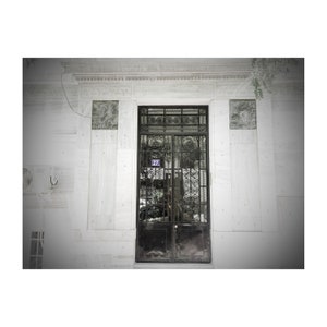 May include: A black metal door with intricate scrollwork designs. The door is set in a white marble frame with a small blue sign that reads "221".