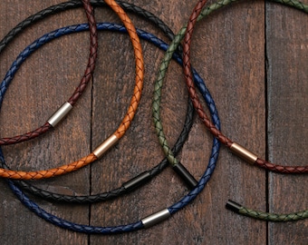 Collier ras de cou en cuir tressé magnétique avec fermoir en acier inoxydable, longueur 30 à 60 cm