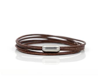 Leather Bracelet Double Wrap Layered With Magnetic Brushed Stainless Steel Clasp Custom Size