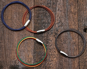 Leather Cord Bracelet Layered With Magnetic Polished Stainless Steel Clasp Choice of 8 Colors