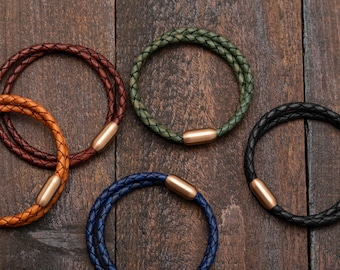 Braided Leather Bracelet, Double Wrap with Rose Gold Magnetic Clasp