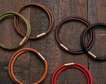 Leather Double Wrap Bracelet, Rose Gold Color Magnetic Steel Clasp, Custom Size