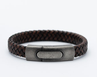 Men's Leather Bracelet Wristband Cuff with Antique Steel Locking Clasp