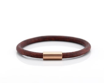 Leather Cord Bracelet  With Magnetic Tube Stainless Steel Rose Gold Matt Brushed Clasp