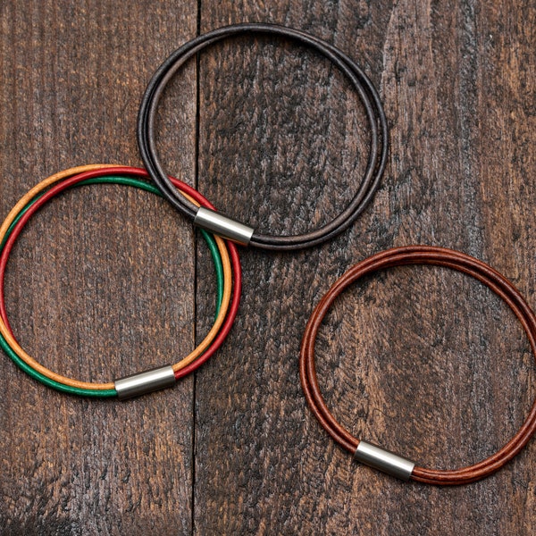 Bracelet cordon en cuir superposé avec fermoir magnétique en acier inoxydable 6,5 - 9 pouces