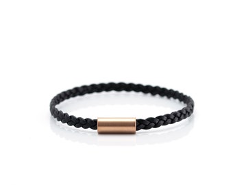 Thin Braided Leather Bracelet, Rose Gold Magnetic Clasp, Custom Size