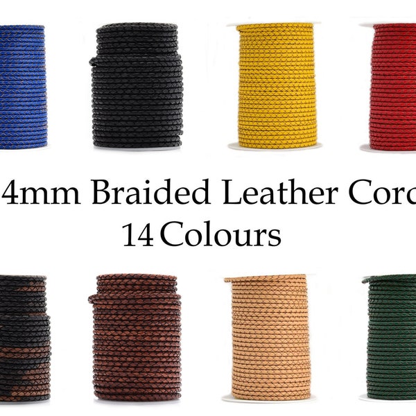 Cordón de cuero trenzado de 4 mm, tanga de hilo tejido Bolo trenzado, 14 colores, vendido por metro