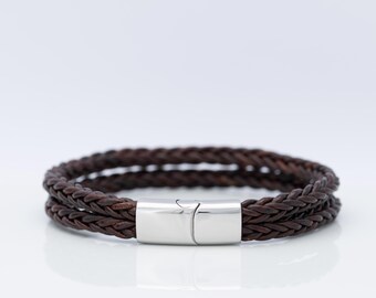 Braided Leather Cord Bracelet, Double Wrap Secure Polished Stainless Steel Magnetic Clasp, Unisex, Custom Size For Your