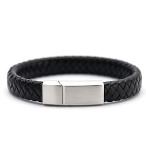 Gevlochten leren armband met magnetische sluiting van geborsteld staal, aangepaste lengte