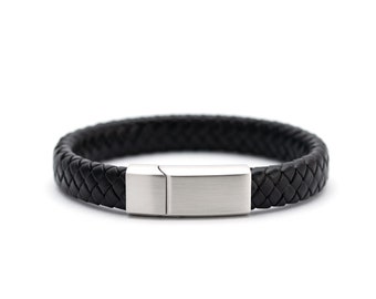 Braided Leather Bracelet With Brushed Steel Finish Magnetic Clasp Custom Length