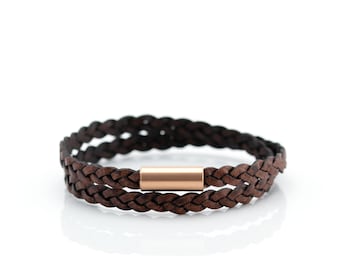 Thin Leather Double Wrap Bracelet, Braided Flat Cord Rope Bracelet With Rose Gold Steel Magnetic Clasp, Custom Size For Your Wrist
