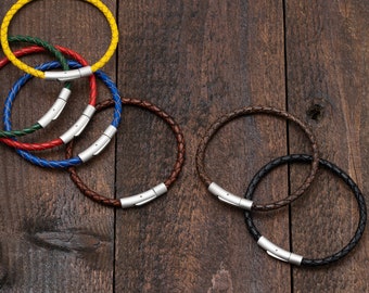 Leather Bracelet, Minimalist Braided Thin Leather Cord Bracelet, Bracelet with Steel Clasp Buckle for Charm Custom Length