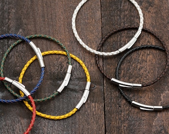 Thin Leather Bracelet, Braided Cord Rope Bracelet For Charm With Metal Polished Steel Bayonet Clasp, Custom Size For Your Wrist
