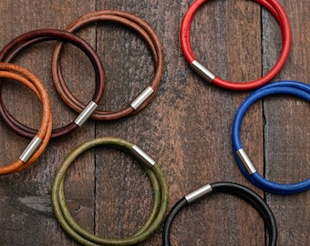 Leather Bracelet Double Wrap Distressed Aged Look With Magnetic Stainless Steel Clasp