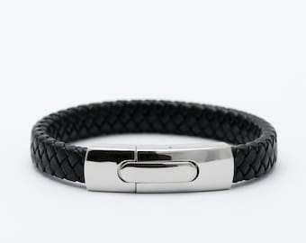 Bracciale da uomo in pelle, bracciale intrecciato con grande chiusura in acciaio lucido, lunghezza personalizzabile per il tuo polso