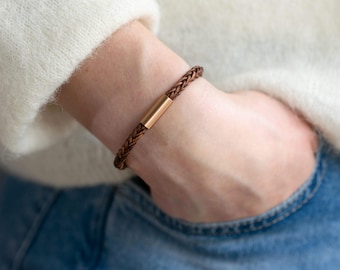 Leather Bracelet Braided Wrap Bracelet, Minimalist Thin Leather Cord Bracelet with Magnetic Rose Gold Color Clasp Custom Size