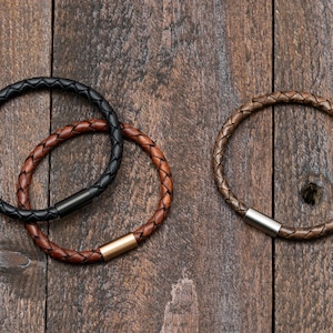 Leather Braided Bracelet, Men's Unisex Minimalist Leather Cord Bracelet with Magnetic Clasp, Aged Antique Look Custom Wrist Length