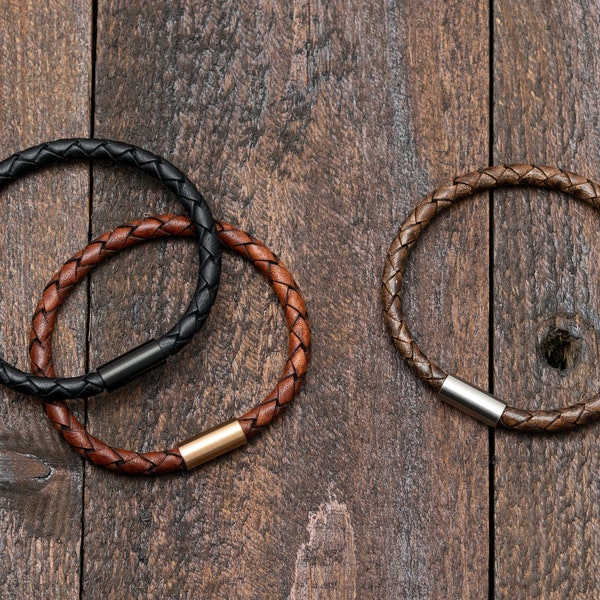 Leather Braided Bracelet, Men's Unisex Minimalist Leather Cord Bracelet with Magnetic Clasp, Aged Antique Look Custom Wrist Length