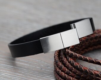 Manchette bracelet en cuir pour homme avec fermoir magnétique deux tailles en acier inoxydable