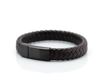 Bracelet en cuir tressé avec fermoir magnétique en acier noir, longueur personnalisée