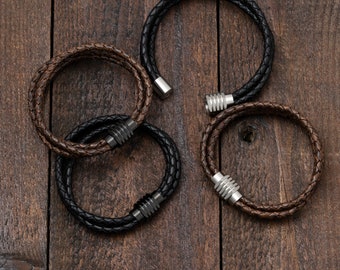 Braided Leather Bracelet For Men With Chunky Hexagon Shape Stainless Steel Magnetic Clasp Custom Size for Every Wrist