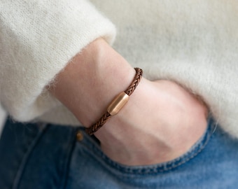 Braided Leather Bracelet, Rose Gold Color Magnetic Steel Clasp, Unisex Minimalist Style, Custom Size