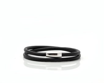 Double Wrap Leather Bracelet, Polished Steel Magnetic Clasp, Custom Length, Unisex