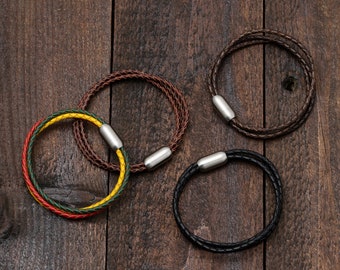 Minimalist Leather Bracelet Braided Three Strand With Magnetic Brushed Stainless Steel Clasp 8 Colors Size 6.5 - 9 Inches