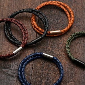 Leren armband dubbele omslag gevlochten met magnetische roestvrijstalen sluiting