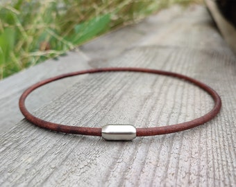 Necklace Leather Choker Aged Antique Look With Stainless Steel Brushed Magnetic Clasp, Custom Length 12 to 24 Inches