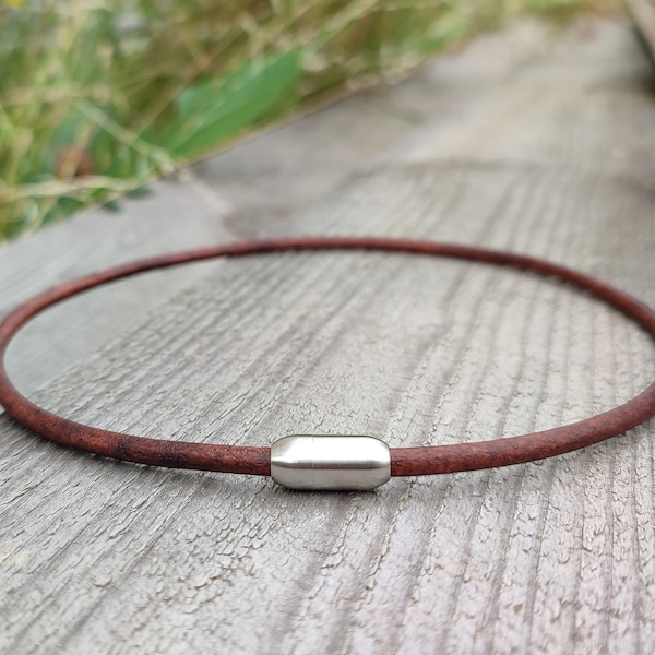 Necklace Leather Choker Aged Antique Look With Stainless Steel Brushed Magnetic Clasp, Custom Length 12 to 24 Inches