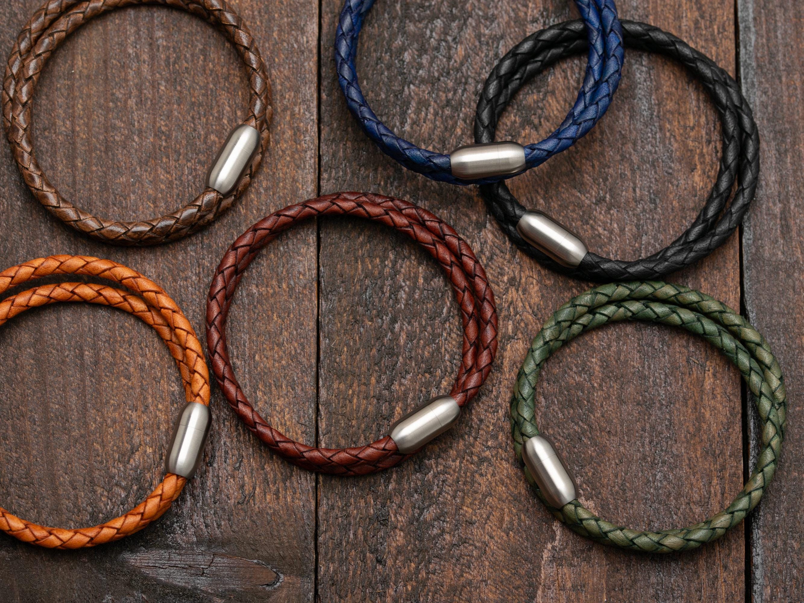 Leather Bracelet Double Wrap Braided With Brushed Magnetic Stainless Steel Clasp