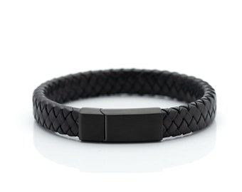 Bracelet en cuir tressé avec fermoir magnétique en acier brossé noir mat