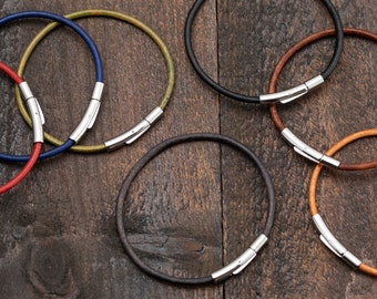 Thin Leather Bracelet, Round Cord Rope Bracelet For Charm With Stainless Steel Bayonet Clasp, Custom Size For Your Wrist