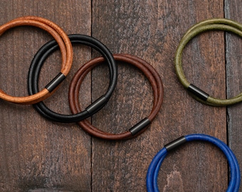 Leather Bracelet with Black Brushed Steel Magnetic Clasp