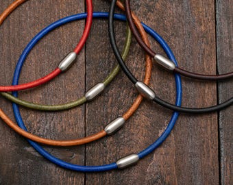 Necklace Leather Choker Aged Antique Look With Stainless Steel Brushed Magnetic Clasp, Custom Length 12 to 24 Inches