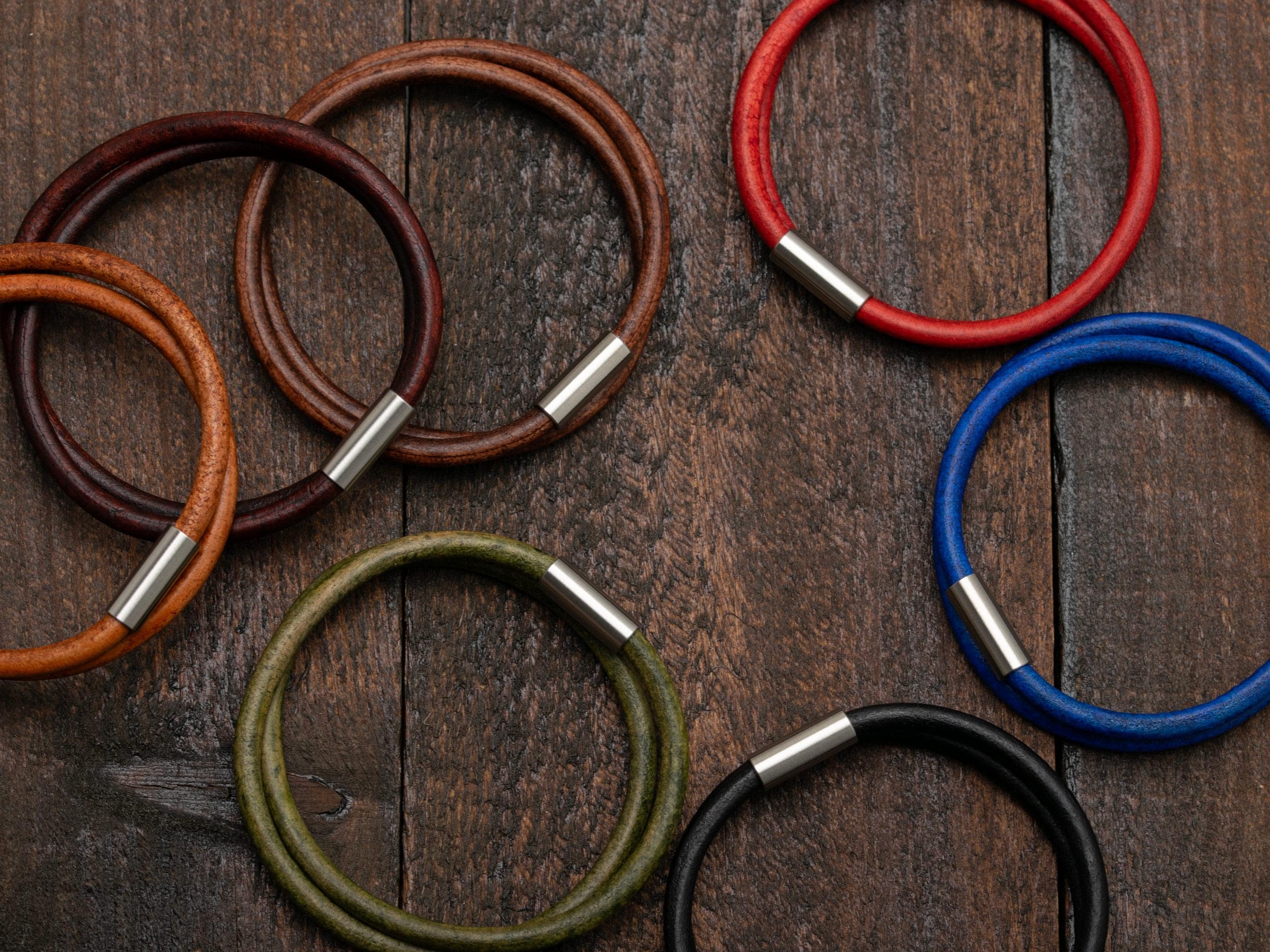 Leather Bracelet Double Wrap Distressed Aged Look With Magnetic Stainless Steel Clasp