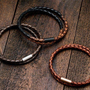Leather Bracelet Double Wrap Braided With Magnetic Stainless Steel Clasp