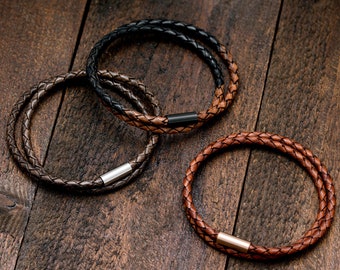 Leather Bracelet Double Wrap Braided With Magnetic Stainless Steel Clasp