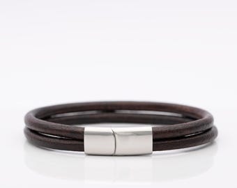 Leather Cord Bracelet, Double Wrap, Secure Polished Stainless Steel Magnetic Clasp, Unisex, Custom Size For Your Wrist