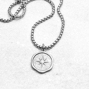 Men's "NORTH STAR COIN" Necklace| Men's Hammered Silver Stainless Steel Northstar Coin Pendant Necklace| Men's Silver Box Chain Necklace