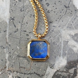 Men's "GOLD LAPIS SQUARE" Necklace| Men's Gold Stainless Steel Lapis Lazuli Gemstone Octagon Inlay Square Pendant Necklace| Men's Gold Chain