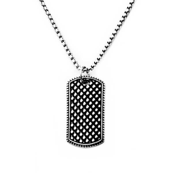 Men's "TEXTURED DOG TAG" Necklace| Men's Silver Stainless Steel Diamond Textured Dog Tag Pendant Necklace| Men's Silver Box Chain Necklace