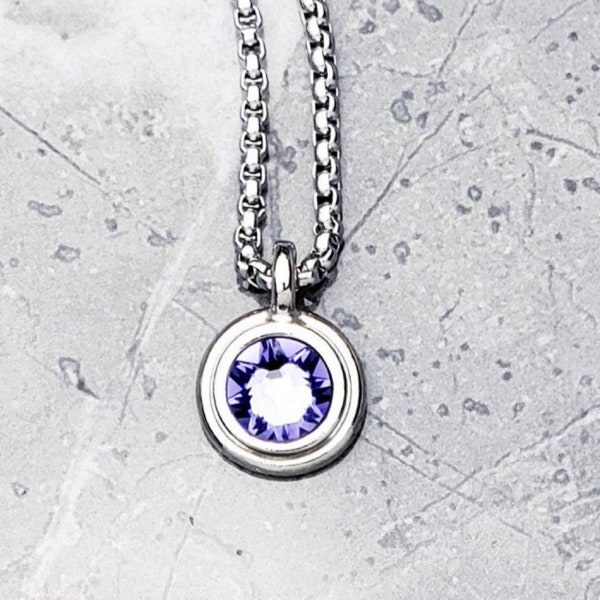 Men's "SILVER TANZANITE COIN" Necklace| Men's Silver Stainless Steel Mini Tanzanite Coin Pendant Necklace| Mens December Birthstone