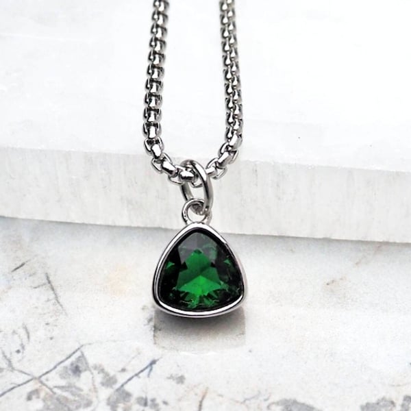 Men's "SILVER MINI EMERALD" Necklace| Men's Silver Stainless Steel Mini Emerald Pendant Necklace| Mens May Birthstone Emerald Necklace