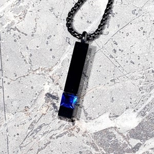 Men's "BLACK SAPPHIRE BAR" Necklace| Men's Black Stainless Steel Sapphire Bar Tag Pendant Necklace| Mens Black Sapphire Bar Necklace