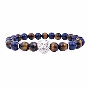 Men&#39;s &quot;MEDITERRANEAN LION&quot; Bracelet| Men&#39;s Silver Pave Cubic Zirconia Lion Bracelet| Men Tiger Eye Blue Lapis Lazuli Gemstone Lion Bracelet